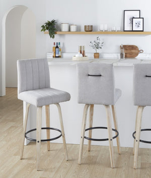 English Elm 30 Inch Swivel Barstools Set of 2 Bent Wood Frame Fabric Seat Black Metal Footrest Gray Whitewashed B202S02287