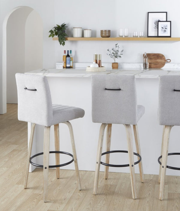 English Elm 30 Inch Swivel Barstools Set of 2 Bent Wood Frame Fabric Seat Black Metal Footrest Gray Whitewashed B202S02287