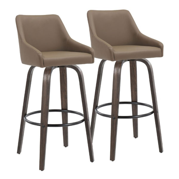 English Elm 30Fixed-Height Swivel Barstools Bentwood Legs PU Seat Black Footrest Ring Set of 2 Brown B202S02288