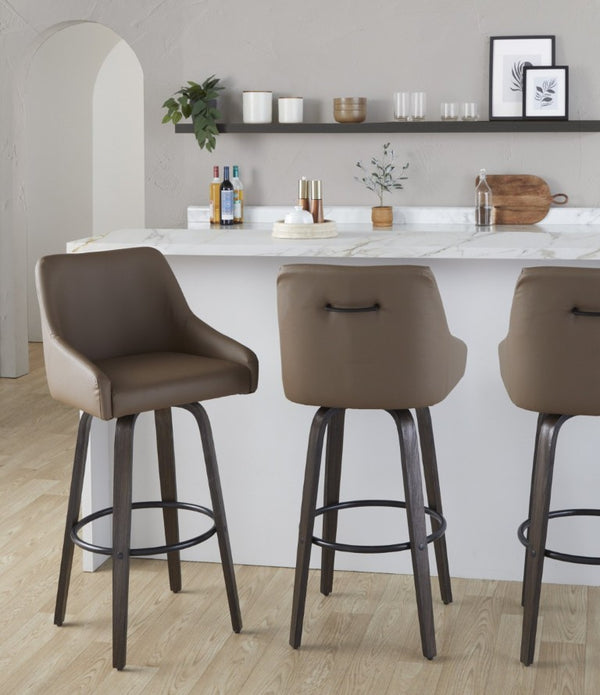 English Elm 30Fixed-Height Swivel Barstools Bentwood Legs PU Seat Black Footrest Ring Set of 2 Brown B202S02288