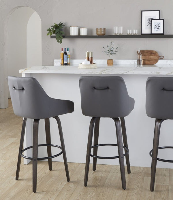 English Elm 30Fixed-Height Swivel Barstools Bentwood Legs PU Seat Black Footrest Ring Set of 2 Gray B202S02289