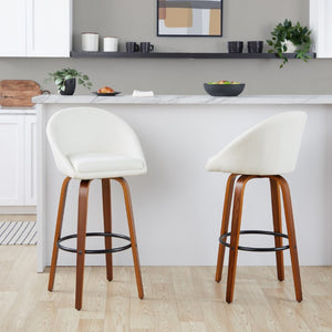 English Elm Highback Swivel Barstool Set of 2 with Bent Wood Legs and Upholstered Seat for Bar Cream Walnut B202S02290