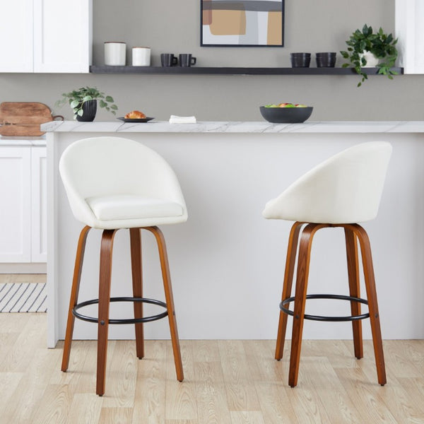 English Elm Highback Swivel Barstool Set of 2 with Bent Wood Legs and Upholstered Seat for Bar Cream Walnut B202S02290