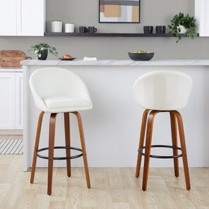 English Elm Highback Swivel Barstool Set of 2 with Bent Wood Legs and Upholstered Seat for Bar Cream Walnut B202S02290