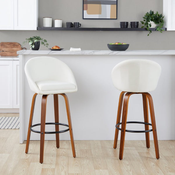 English Elm Highback Swivel Barstool Set of 2 with Bent Wood Legs and Upholstered Seat for Bar Cream Walnut B202S02290