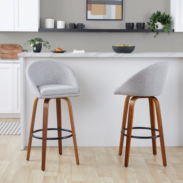 English Elm Highback Swivel Barstool Set of 2 with Bent Wood Legs and Upholstered Seat for Bar Gray Walnut B202S02291