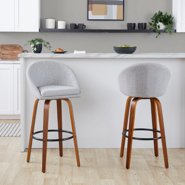 English Elm Highback Swivel Barstool Set of 2 with Bent Wood Legs and Upholstered Seat for Bar Gray Walnut B202S02291