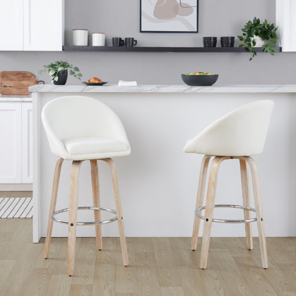 English Elm Highback Swivel Barstool Set of 2 with Bent Wood Legs and Upholstered Seat for Bar Cream White Washed B202S02292