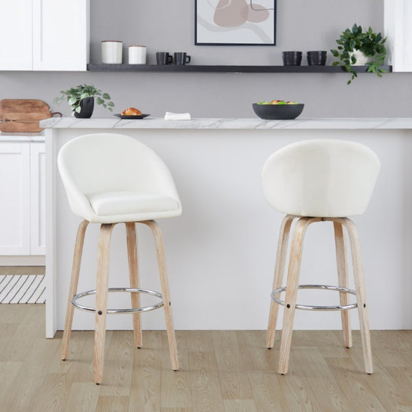 English Elm Highback Swivel Barstool Set of 2 with Bent Wood Legs and Upholstered Seat for Bar Cream White Washed B202S02292