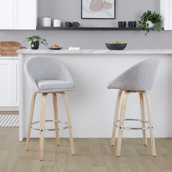 English Elm Highback Swivel Barstool Set of 2 with Bent Wood Legs and Upholstered Seat for Bar Gray White Washed B202S02293