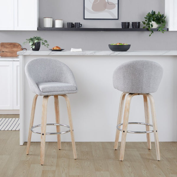 English Elm Highback Swivel Barstool Set of 2 with Bent Wood Legs and Upholstered Seat for Bar Gray White Washed B202S02293