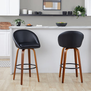 English Elm Highback Swivel Barstool Set of 2 with Walnut Bentwood Legs and PU Leather Seat Black Walnut / Black Metal B202S02294