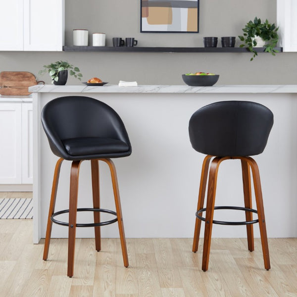 English Elm Highback Swivel Barstool Set of 2 with Walnut Bentwood Legs and PU Leather Seat Black Walnut / Black Metal B202S02294