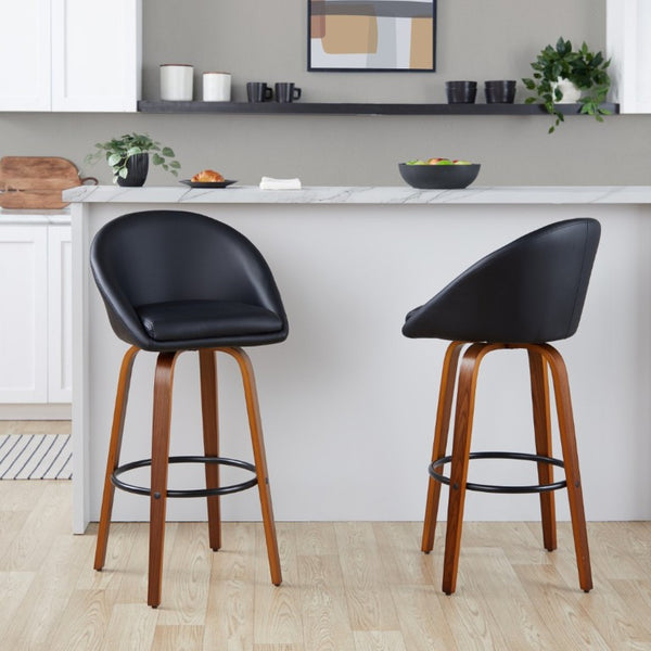 English Elm Highback Swivel Barstool Set of 2 with Walnut Bentwood Legs and PU Leather Seat Black Walnut / Black Metal B202S02294