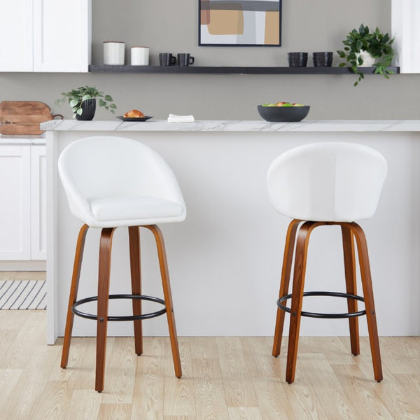 English Elm Highback Swivel Barstool Set of 2 with Walnut Bentwood Legs and PU Leather Seat White Walnut / Black Metal B202S02295