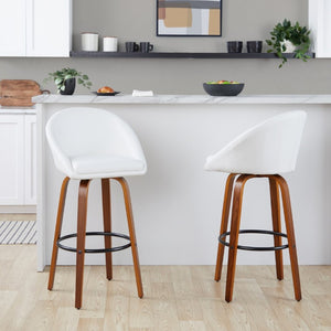 English Elm Highback Swivel Barstool Set of 2 with Walnut Bentwood Legs and PU Leather Seat White Walnut / Black Metal B202S02295
