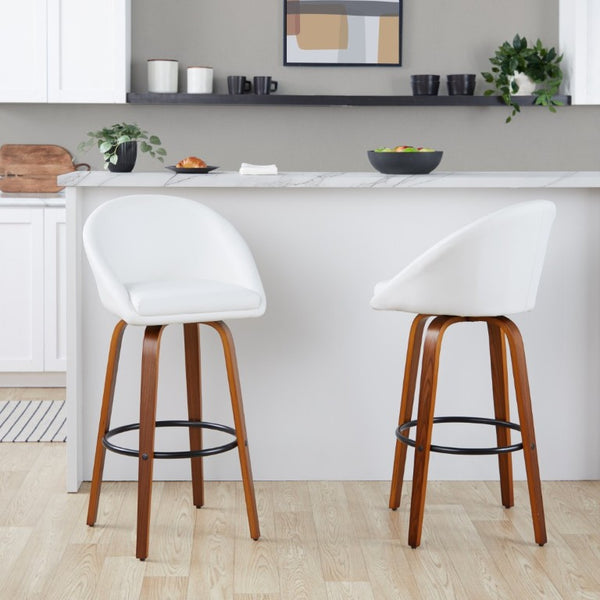English Elm Highback Swivel Barstool Set of 2 with Walnut Bentwood Legs and PU Leather Seat White Walnut / Black Metal B202S02295