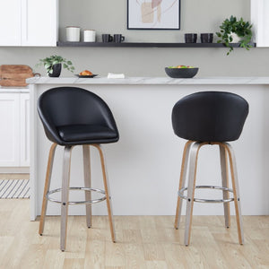English Elm Highback Swivel Barstool Set of 2 with Walnut Bentwood Legs and PU Leather Seat Black Light Grey / Chrome Metal B202S02296