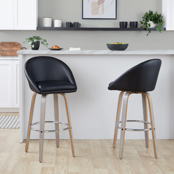 English Elm Highback Swivel Barstool Set of 2 with Walnut Bentwood Legs and PU Leather Seat Black Light Grey / Chrome Metal B202S02296