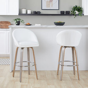 English Elm Highback Swivel Barstool Set of 2 with Walnut Bentwood Legs and PU Leather Seat White Light Grey / Chrome Metal B202S02297