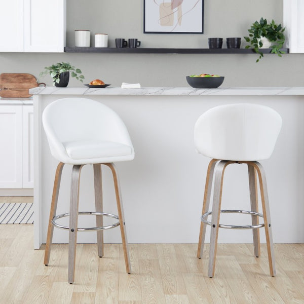 English Elm Highback Swivel Barstool Set of 2 with Walnut Bentwood Legs and PU Leather Seat White Light Grey / Chrome Metal B202S02297