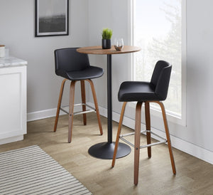 English Elm 30 Inch Mid-Century Swivel Barstools Set of 2 Walnut Legs PU Seat Chrome Footrest Black B202S02298