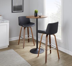 English Elm 30 Inch Mid-Century Swivel Barstools Set of 2 Walnut Legs PU Seat Chrome Footrest Black B202S02298