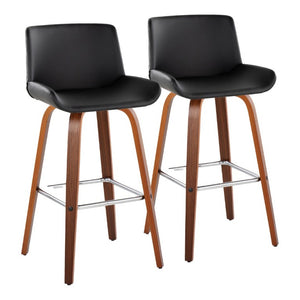 English Elm 30 Inch Mid-Century Swivel Barstools Set of 2 Walnut Legs PU Seat Chrome Footrest Black B202S02298