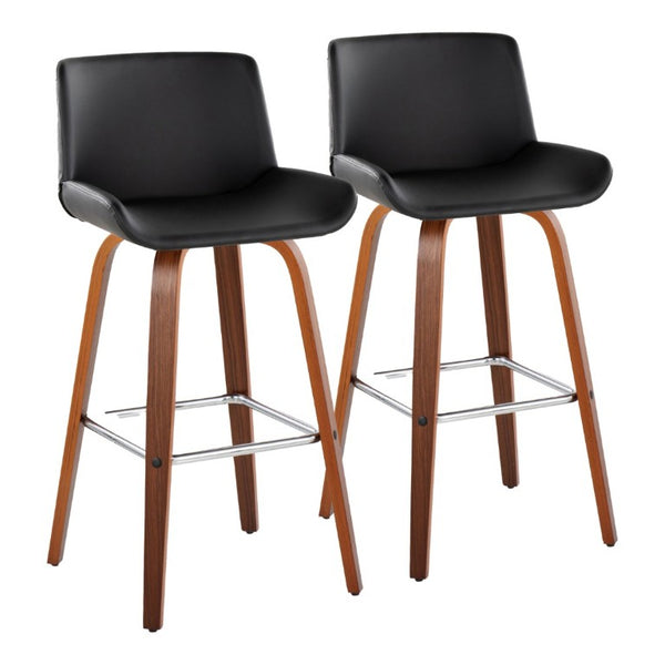 English Elm 30 Inch Mid-Century Swivel Barstools Set of 2 Walnut Legs PU Seat Chrome Footrest Black B202S02298