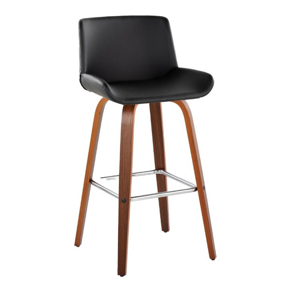 English Elm 30 Inch Mid-Century Swivel Barstools Set of 2 Walnut Legs PU Seat Chrome Footrest Black B202S02298