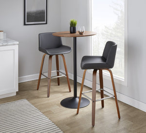 English Elm 30 Inch Mid-Century Swivel Barstools Set of 2 Walnut Legs PU Seat Chrome Footrest Gray B202S02299