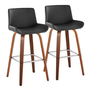 English Elm 30 Inch Mid-Century Swivel Barstools Set of 2 Walnut Legs PU Seat Chrome Footrest Gray B202S02299
