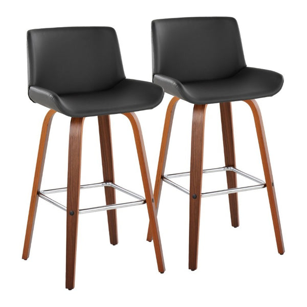 English Elm 30 Inch Mid-Century Swivel Barstools Set of 2 Walnut Legs PU Seat Chrome Footrest Gray B202S02299