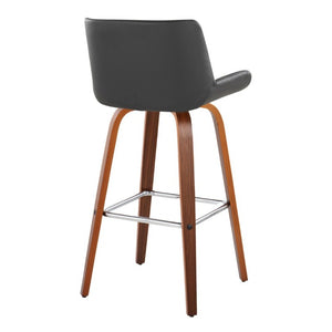 English Elm 30 Inch Mid-Century Swivel Barstools Set of 2 Walnut Legs PU Seat Chrome Footrest Gray B202S02299