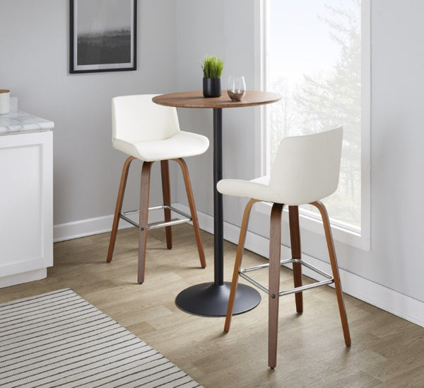 English Elm 30 Inch Mid-Century Swivel Barstools Set of 2 Walnut Legs PU Seat Chrome Footrest White B202S02300