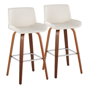 English Elm 30 Inch Mid-Century Swivel Barstools Set of 2 Walnut Legs PU Seat Chrome Footrest White B202S02300