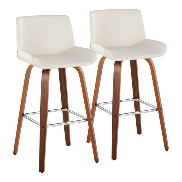 English Elm 30 Inch Mid-Century Swivel Barstools Set of 2 Walnut Legs PU Seat Chrome Footrest White B202S02300
