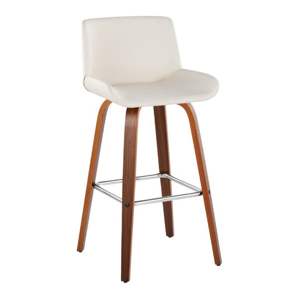 English Elm 30 Inch Mid-Century Swivel Barstools Set of 2 Walnut Legs PU Seat Chrome Footrest White B202S02300