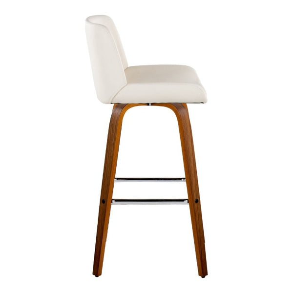 English Elm 30 Inch Mid-Century Swivel Barstools Set of 2 Walnut Legs PU Seat Chrome Footrest White B202S02300