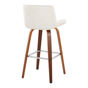 English Elm 30 Inch Mid-Century Swivel Barstools Set of 2 Walnut Legs PU Seat Chrome Footrest White B202S02300