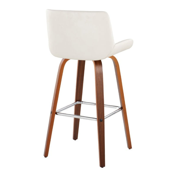 English Elm 30 Inch Mid-Century Swivel Barstools Set of 2 Walnut Legs PU Seat Chrome Footrest White B202S02300