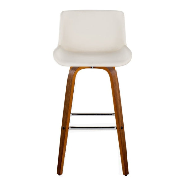 English Elm 30 Inch Mid-Century Swivel Barstools Set of 2 Walnut Legs PU Seat Chrome Footrest White B202S02300