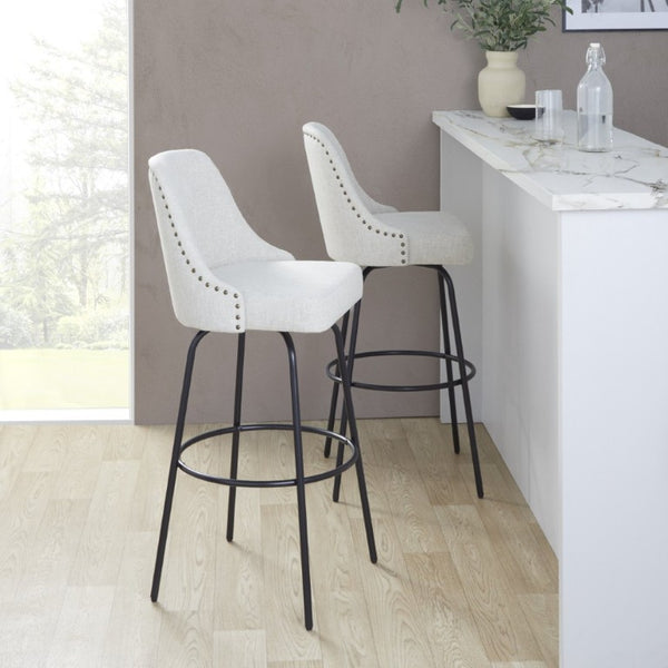 English Elm 30 Inch Swivel Barstools Set of 2 Upholstered Brass Nailhead Counter Seating Cream B202S02301