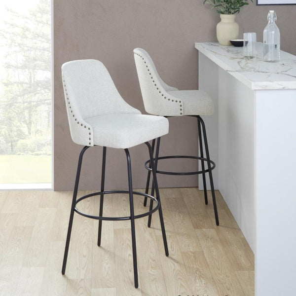 English Elm 30 Inch Swivel Barstools Set of 2 Upholstered Brass Nailhead Counter Seating Cream B202S02301