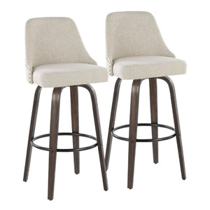 English Elm 30Fixed-Height Swivel Barstools Bentwood Frame Brass Nailhead Upholstered Seat Set of 2 Cream Walnut Glazed Wood B202S02303