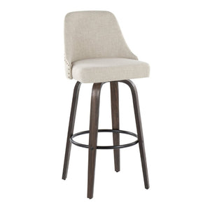 English Elm 30Fixed-Height Swivel Barstools Bentwood Frame Brass Nailhead Upholstered Seat Set of 2 Cream Walnut Glazed Wood B202S02303