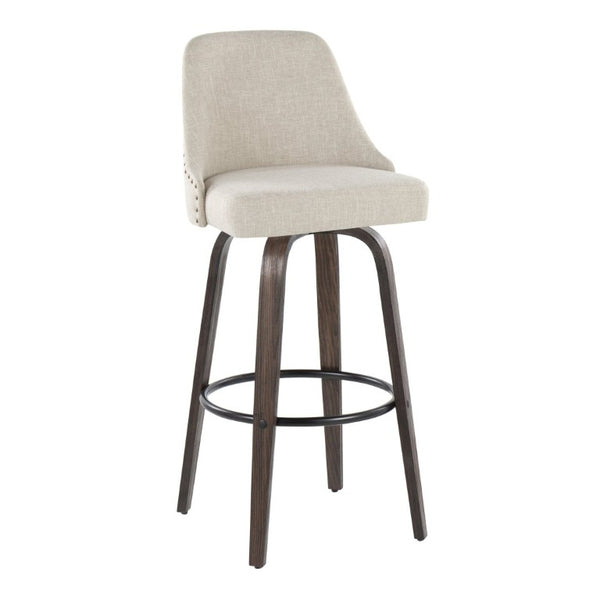 English Elm 30Fixed-Height Swivel Barstools Bentwood Frame Brass Nailhead Upholstered Seat Set of 2 Cream Walnut Glazed Wood B202S02303