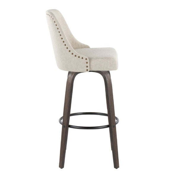 English Elm 30Fixed-Height Swivel Barstools Bentwood Frame Brass Nailhead Upholstered Seat Set of 2 Cream Walnut Glazed Wood B202S02303