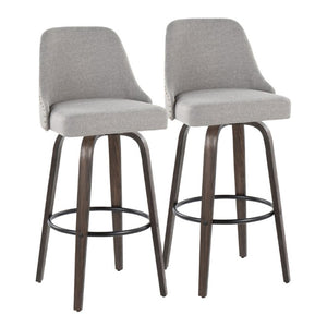 English Elm 30Fixed-Height Swivel Barstools Bentwood Frame Brass Nailhead Upholstered Seat Set of 2 Gray Walnut Glazed Wood B202S02304