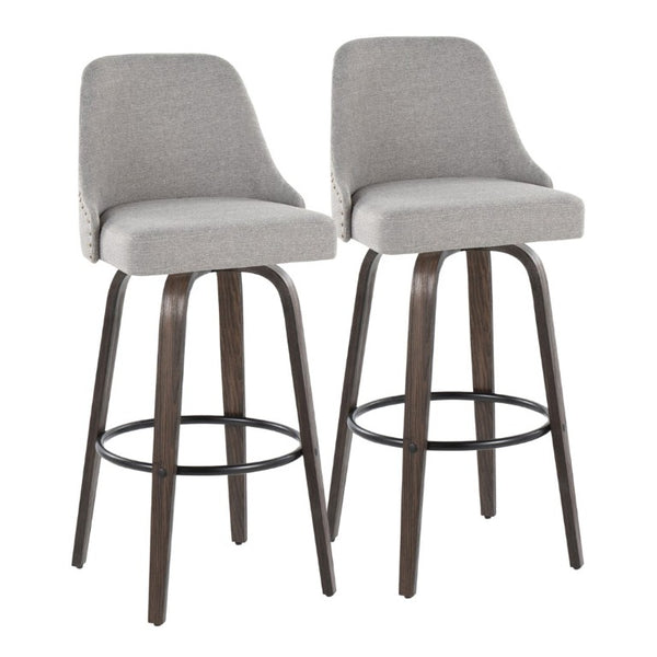 English Elm 30Fixed-Height Swivel Barstools Bentwood Frame Brass Nailhead Upholstered Seat Set of 2 Gray Walnut Glazed Wood B202S02304